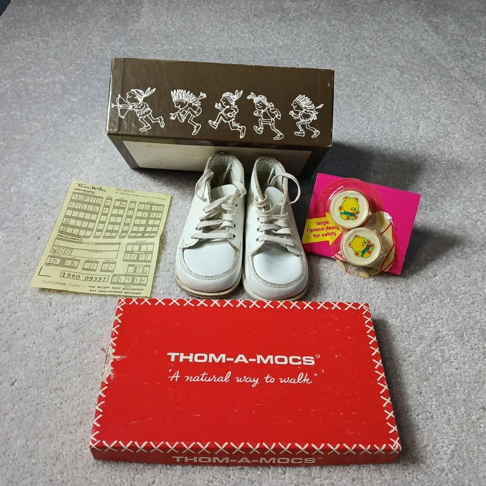 VTG 1983 Thom A Mocs Baby Walking Shoe Size 1 Original Box & Shoe Lace Keeper